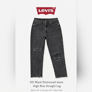 Levi’s 501 Black Distressed Jeans High Rise Straight Leg Raw Hem 28x30